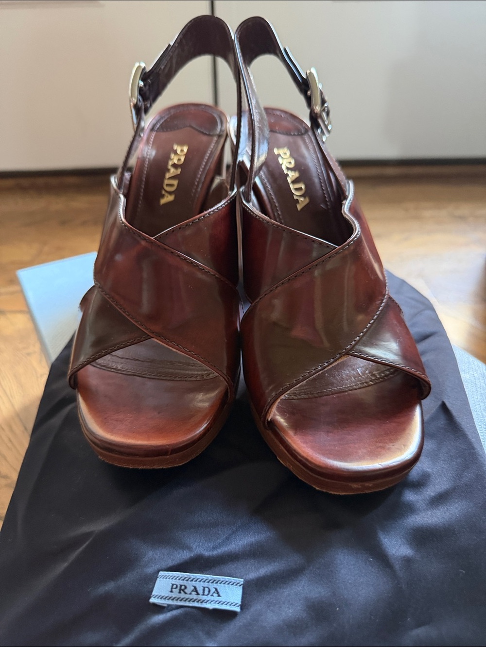Prada Dark Brown Leather Crisscross Slingback Heels - Picture 5 of 6
